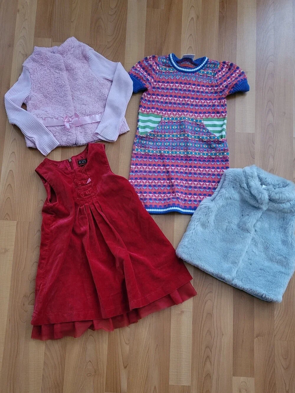 Catrer's Girl 4T Clothes Lot of 4 pcs, Pink Cardigan, velvet & Knit dress, Vest